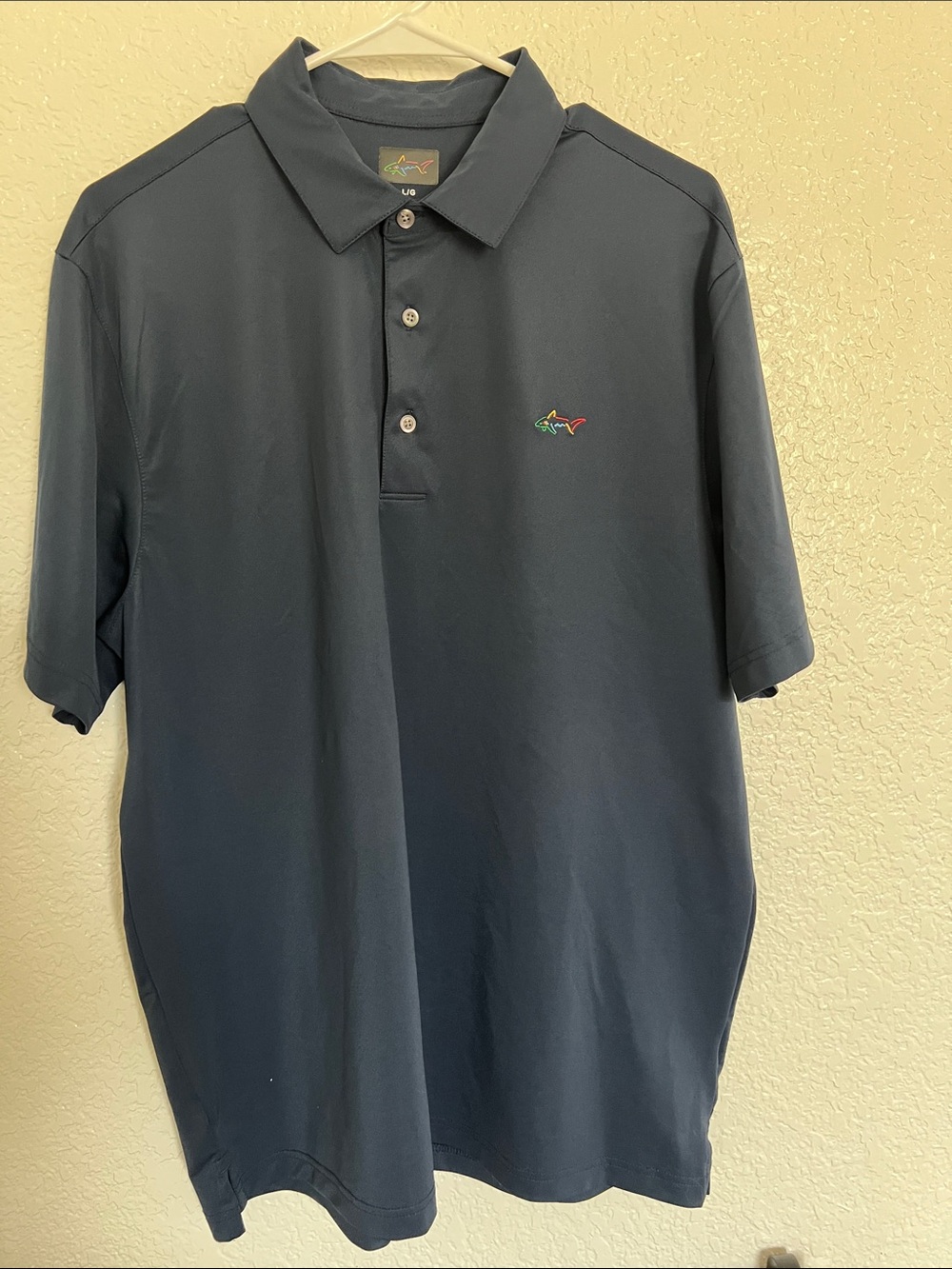 Greg Norman Collection Men's Polo Shirt Navy with Multicolor Shark Logo